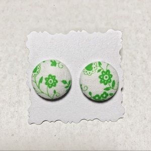 Earrings Green Vintage Floral Fabric Covered Button Earrings